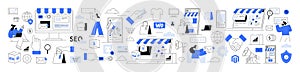 Online shopping illustration with various e-commerce and marketing icons for multiple platforms photo