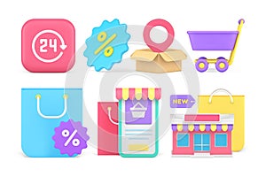 Online shopping internet order always available awning shop store purchase set 3d icon vector