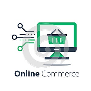 Online shopping, internet purchase, grocery basket and computer monitor