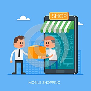 Online shopping on internet using mobile smartphone. Fast delivery concept vector illustration in flat style design