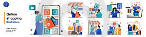 Online shopping isolated set. Customers choose and pay for purchases on site. People collection of scenes in flat design. Vector