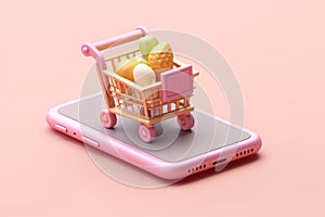 Online shopping isometric concept Shopping cart and mobile Tiny 3D render Generative AI