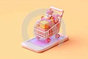 Online shopping isometric concept Shopping cart and mobile Tiny 3D render Generative AI