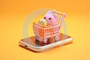 Online shopping isometric concept Shopping cart and mobile Tiny 3D render Generative AI