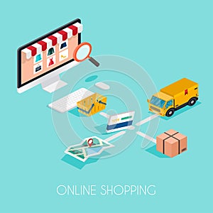 Online shopping. Isometric e-commerce, electronic business, payment, delivery, shipping process infographic concept vector.