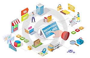 Online shopping isometric flowchart, vector illustration. Ecommerce, online store sales and deals, internet payment.