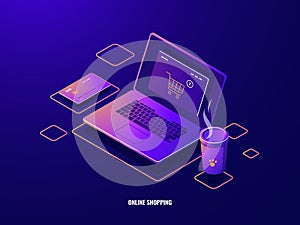 Online shopping isometric icon internet purchase, laptop with shop basket on screen, online payment, credit card dark