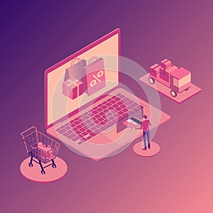 Online shopping isometric illustration with laptop, stores orders, buyer isolated vector illustration