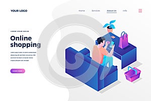 Online shopping isometric landing page template internet purchases promotional web banne