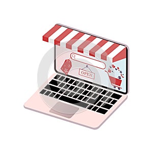 Online shopping. Isometric laptop turned into internet shop. Concept of internet marketing and e-commerce. Isometric supermarket c