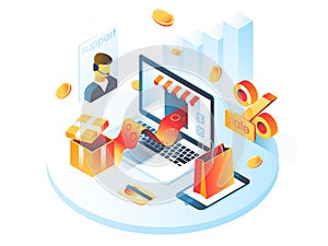 Online shopping isometric shadow illustration