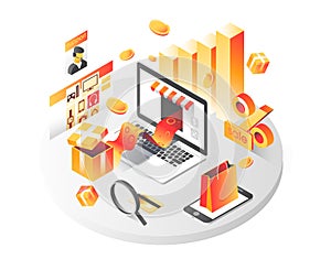 Online shopping isometric shadow illustration with mobile phone, laptop, stores orders isolated vector illustration