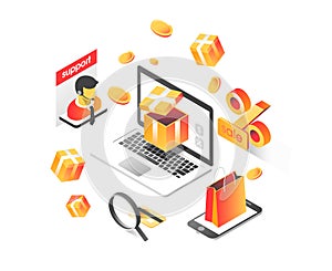Online shopping isometric shadow illustration with mobile phone, laptop, stores orders vector illustration