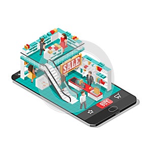 Online shopping isometric shadow illustration with mobile phone store