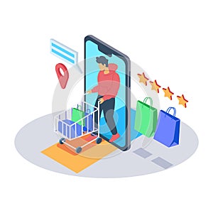 Online shopping isometric vector illustration concept, Shopping online flat isometric vector, Shopping online flat isometric vecto