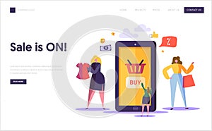 Online Shopping Landing Page Template. Characters Buying Clothing in Internet Store Using Smartphone, E-commerce Concept