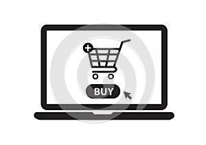 Online shopping with laptop. Shopping cart on display. Buy button. vector illustration