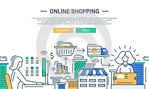 Online shopping line flat design banner with a purchase process