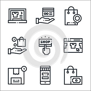 Online shopping line icons. linear set. quality vector line set such as shopping bag, online shop, box, tshirt, shop, hand,