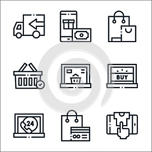 Online shopping line icons. linear set. quality vector line set such as t shirt, shopping bag, laptop, laptop, laptop, shopping