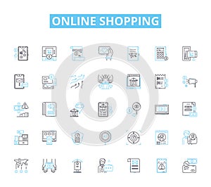 Online shopping linear icons set. E-commerce, Digital, Consumerism, Cyber, Marketplace, Internet, Virtual line vector
