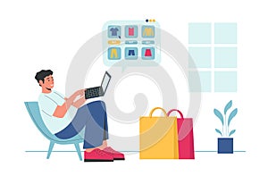 Online shopping. Man sitting with laptop and choosing clothes in shop. Guy buying goods in internet. Male character