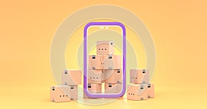 Online shopping in mobile app or parcel delivery. Smartphone frame with with stacks cardboard boxes on yellow background