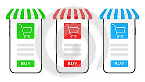 Online shopping in mobile app template. Smartphones with colored awnings and carts in web menu