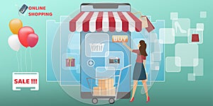 Online shopping on Mobile Application. mobile app, e-commerce on phone.  Buy and pay concept. Vector illustration. Shopping online