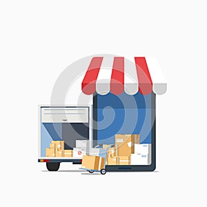 Online Shopping on Mobile Application Vector Concept. with cardboard box, delivery van and metallic wheeled trolley. Digital