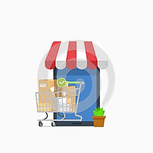 Online Shopping on Mobile Application Vector Concept. With cardboard box, pot of a plant and metallic wheeled trolley. Digital