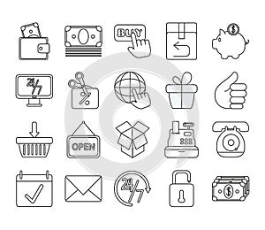 Online shopping mobile marketing and e-commerce icons set line style