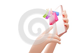 Online shopping with mobile phone isolated on white background 3D render
