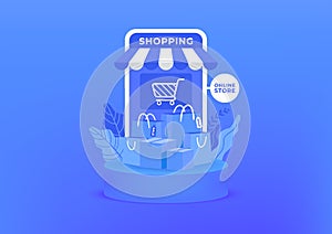 Online shopping on mobile. Shopping bag and boxes on blue background. Online shop on mobile application.