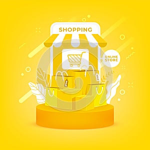 Online shopping on mobile. Shopping bag and boxes on yellow background. Online shop on mobile application.