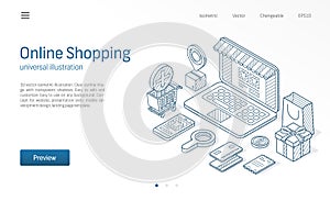 Online Shopping modern isometric line illustration. Delivery, cart, laptop store business sketch drawn icons. Ecommerce