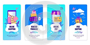 Online shopping onboard screen. Mobile app banners with e-commerce and internet order concept. Vector online shop