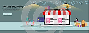 Online shopping or online store concept Landing page template or banner with tiny people big laptop credit card. Flat