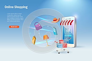 Online shopping. Online store on smart phone app with shopping cart, gift box and shopping bags.  E commerce, retail business