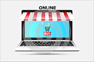 Online shopping with open laptop. Online store concept