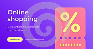 Online shopping order purchase offer clearance percent coupon 3d landing page realistic vector