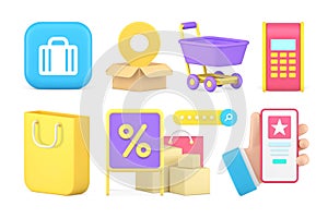 Online shopping order purchase sale discount smartphone application set 3d icon realistic vector