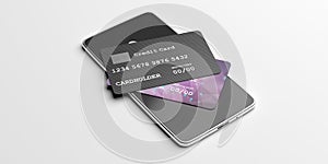 Online payment, shopping concept, Credit cards and smartphone isolated on white background. 3d illustration