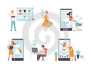 Online Shopping with People Characters Buying and Making Purchase in Mobile Store Vector Set