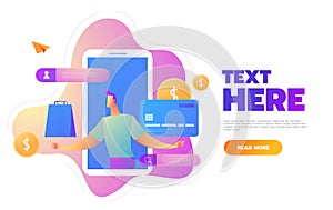 Online shopping people and interact with shop. Landing page template. Flat isometric vector illustration.