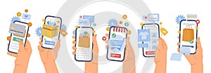 Online shopping on phone. Cartoon hands holding phones, using app and mobile banking. Person order delivery, buy food
