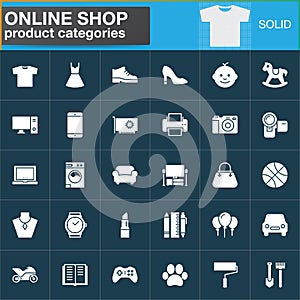 Online shopping product categories vector icons set, modern solid symbol collection, filled white pictogram pack. Signs, logo illu