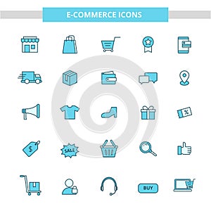 Online shopping related icons collection draw in blue color