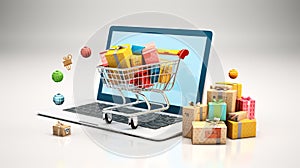 Online shopping representation with people on digital devices surrounded by gifts and icons of products