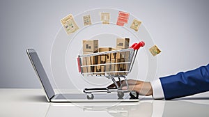 Online shopping representation with people on digital devices surrounded by gifts and icons of products